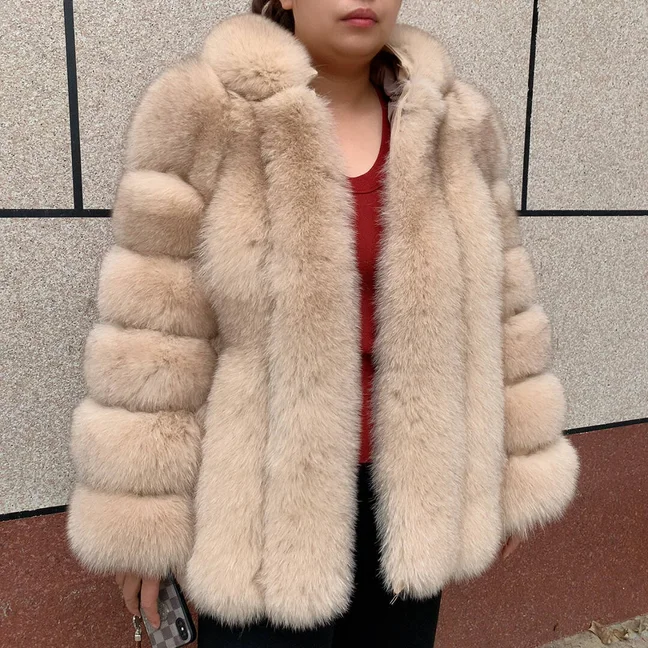 HUAQIUMEISI Women's Vertical Hooded Real Fox Fur Coat for Winter Fashion Natural Fur Jacket Vertical Hooded Raccoon Fur Coat