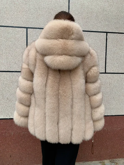 HUAQIUMEISI Women's Vertical Hooded Real Fox Fur Coat for Winter Fashion Natural Fur Jacket Vertical Hooded Raccoon Fur Coat