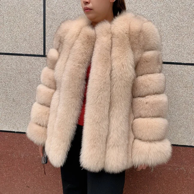 HUAQIUMEISI Women's Vertical Hooded Real Fox Fur Coat for Winter Fashion Natural Fur Jacket Vertical Hooded Raccoon Fur Coat