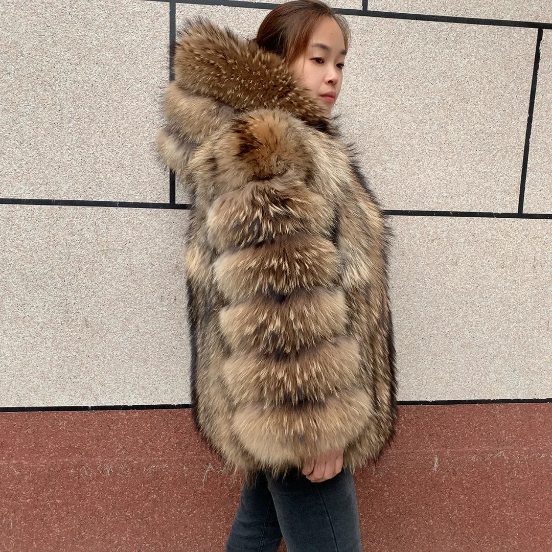 HUAQIUMEISI Women's Vertical Hooded Real Fox Fur Coat for Winter Fashion Natural Fur Jacket Vertical Hooded Raccoon Fur Coat