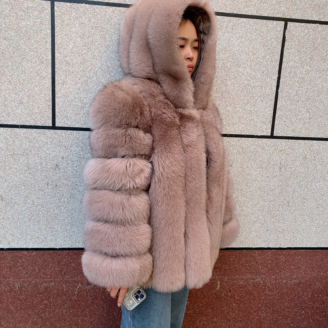 HUAQIUMEISI Women's Vertical Hooded Real Fox Fur Coat for Winter Fashion Natural Fur Jacket Vertical Hooded Raccoon Fur Coat
