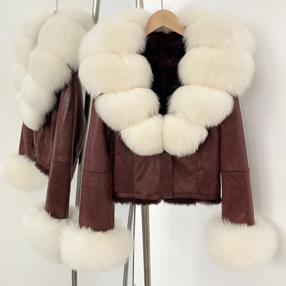 OFTBUY Fashion Short New Autumn Winter Fur Clothing Real Rabbit Fur Liner Suede Jacket Women Natural Fox Fur Collar Coat Female