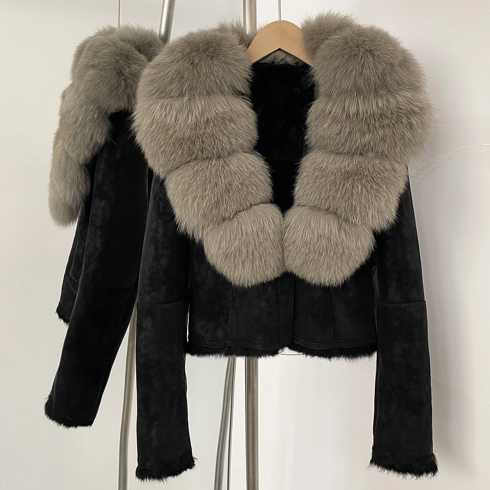 OFTBUY Fashion Short New Autumn Winter Fur Clothing Real Rabbit Fur Liner Suede Jacket Women Natural Fox Fur Collar Coat Female