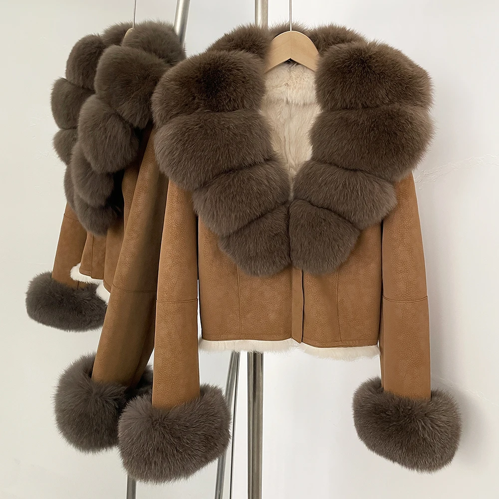 OFTBUY Fashion Short New Autumn Winter Fur Clothing Real Rabbit Fur Liner Suede Jacket Women Natural Fox Fur Collar Coat Female
