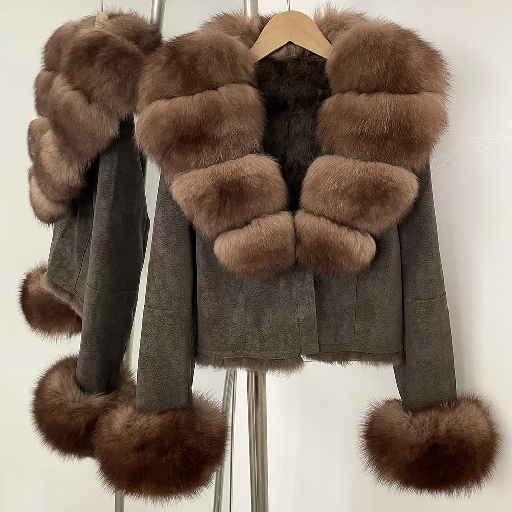 OFTBUY Fashion Short New Autumn Winter Fur Clothing Real Rabbit Fur Liner Suede Jacket Women Natural Fox Fur Collar Coat Female