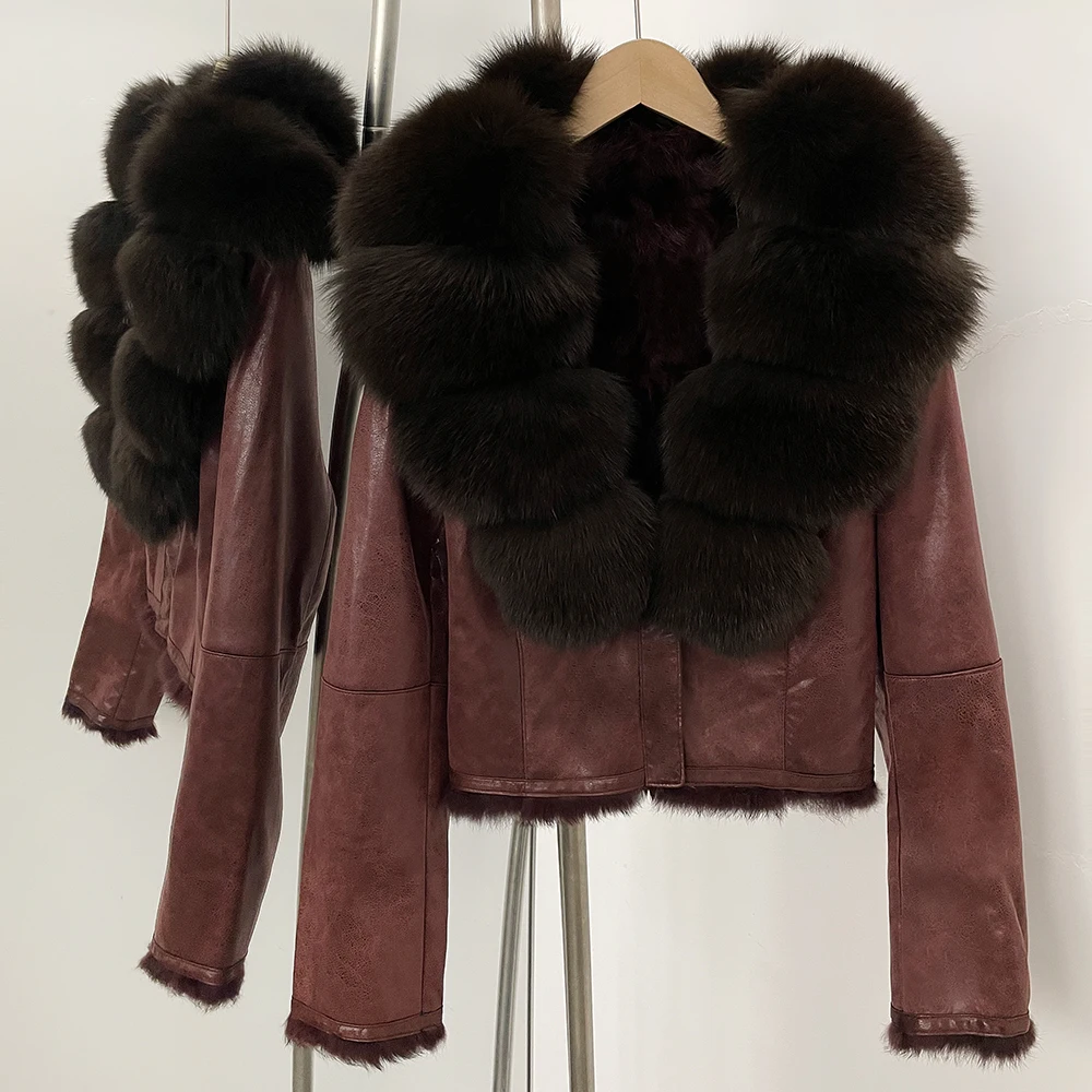 OFTBUY Fashion Short New Autumn Winter Fur Clothing Real Rabbit Fur Liner Suede Jacket Women Natural Fox Fur Collar Coat Female