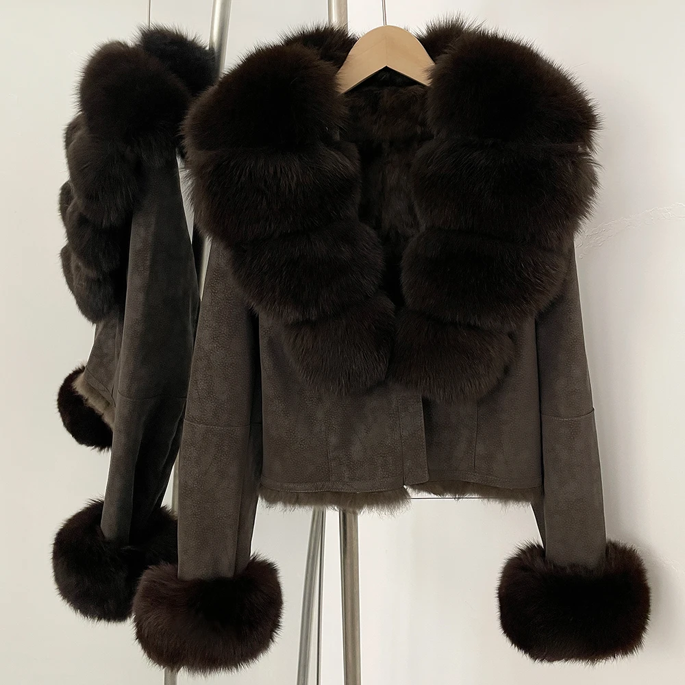 OFTBUY Fashion Short New Autumn Winter Fur Clothing Real Rabbit Fur Liner Suede Jacket Women Natural Fox Fur Collar Coat Female
