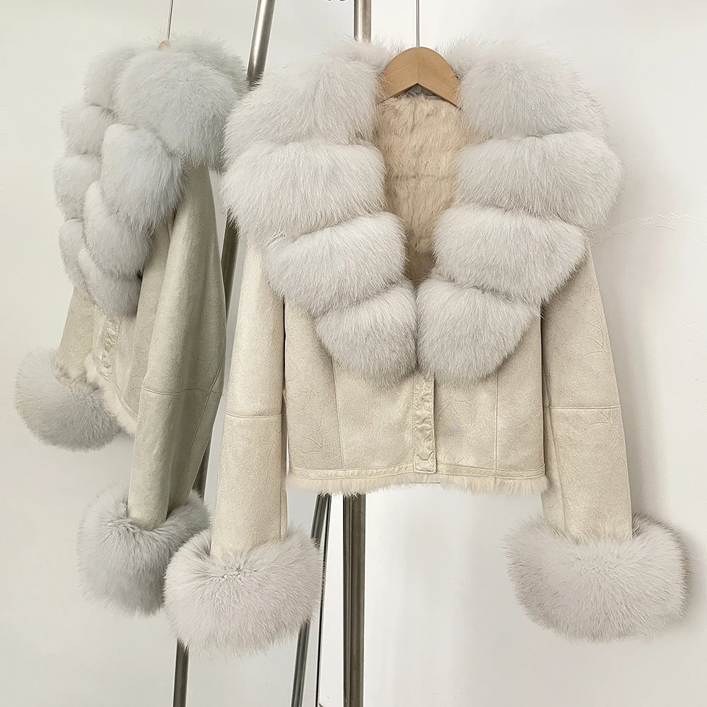 OFTBUY Fashion Short New Autumn Winter Fur Clothing Real Rabbit Fur Liner Suede Jacket Women Natural Fox Fur Collar Coat Female