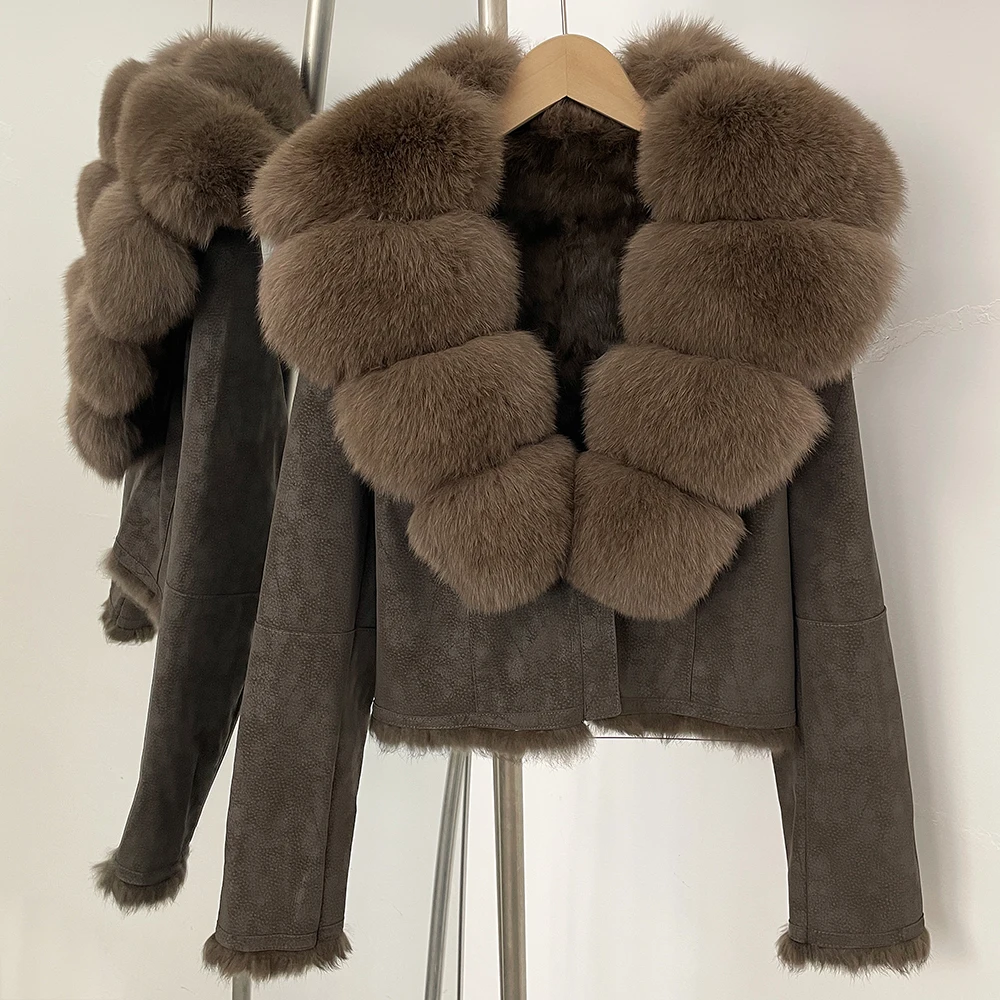 OFTBUY Fashion Short New Autumn Winter Fur Clothing Real Rabbit Fur Liner Suede Jacket Women Natural Fox Fur Collar Coat Female