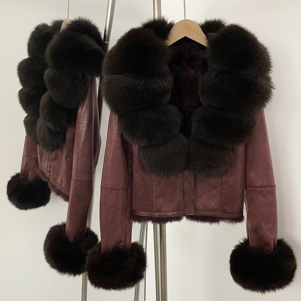 OFTBUY Fashion Short New Autumn Winter Fur Clothing Real Rabbit Fur Liner Suede Jacket Women Natural Fox Fur Collar Coat Female