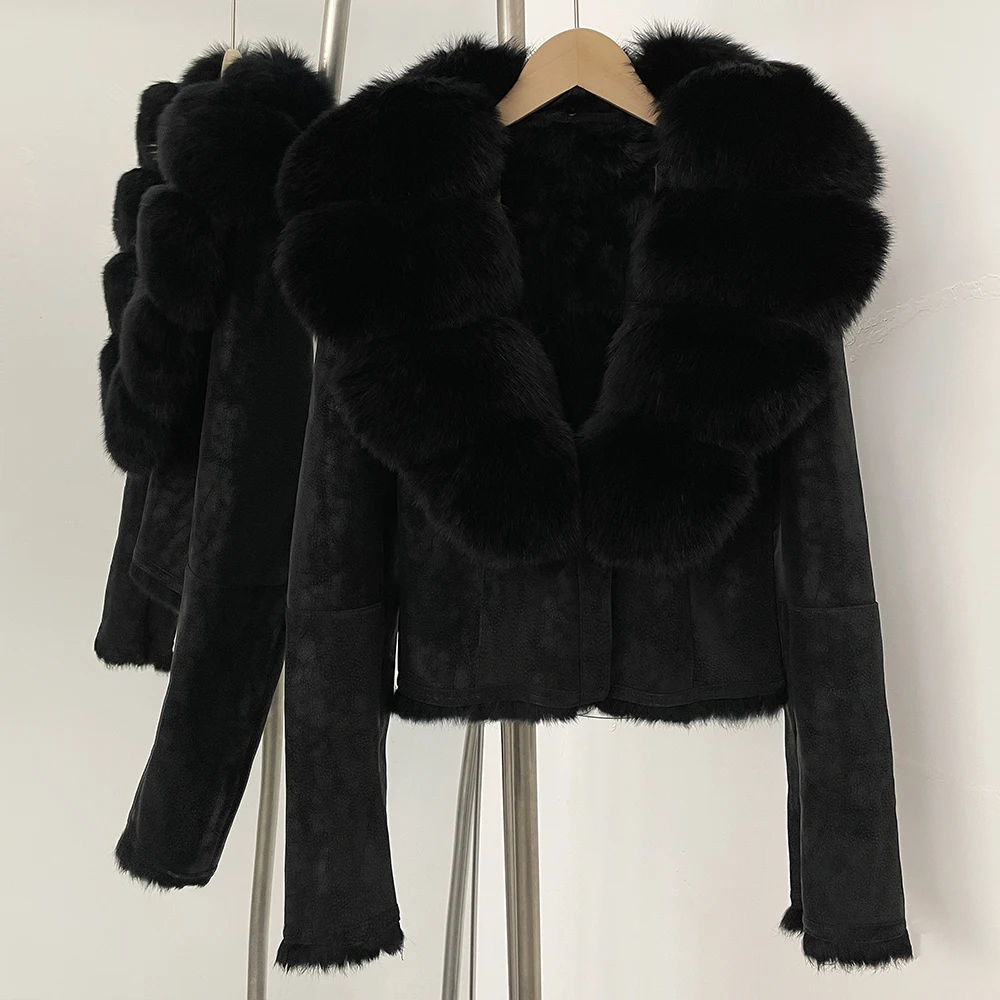 OFTBUY Fashion Short New Autumn Winter Fur Clothing Real Rabbit Fur Liner Suede Jacket Women Natural Fox Fur Collar Coat Female