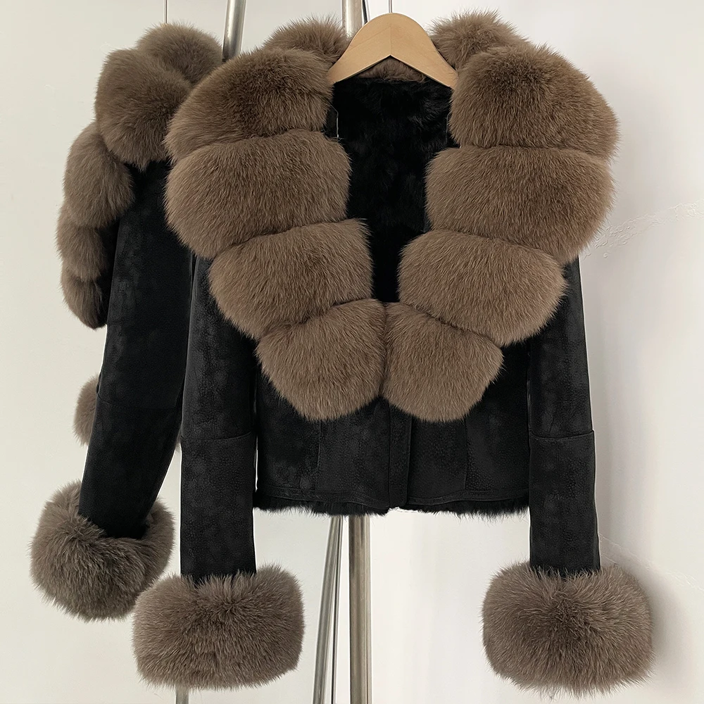 OFTBUY Fashion Short New Autumn Winter Fur Clothing Real Rabbit Fur Liner Suede Jacket Women Natural Fox Fur Collar Coat Female