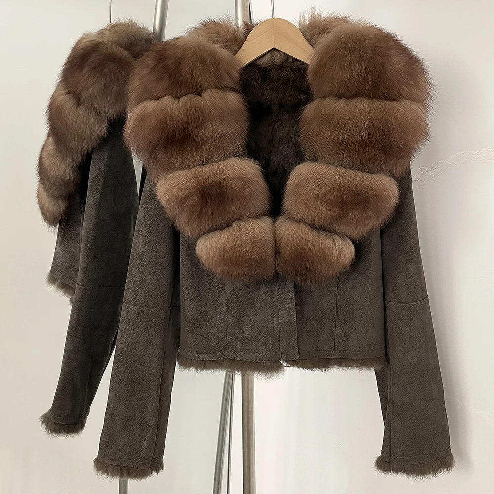 OFTBUY Fashion Short New Autumn Winter Fur Clothing Real Rabbit Fur Liner Suede Jacket Women Natural Fox Fur Collar Coat Female