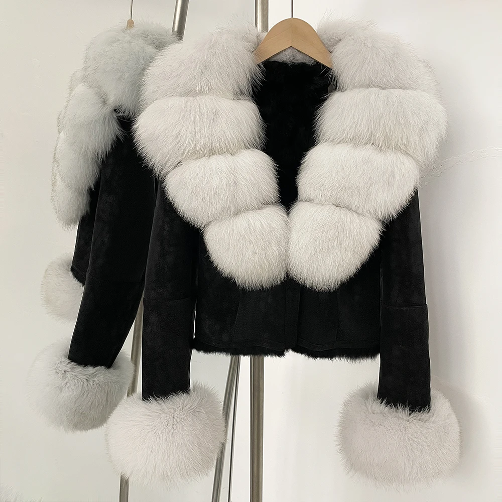 OFTBUY Fashion Short New Autumn Winter Fur Clothing Real Rabbit Fur Liner Suede Jacket Women Natural Fox Fur Collar Coat Female
