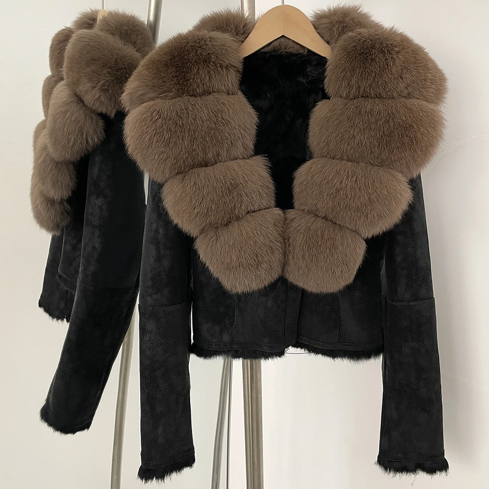 OFTBUY Fashion Short New Autumn Winter Fur Clothing Real Rabbit Fur Liner Suede Jacket Women Natural Fox Fur Collar Coat Female