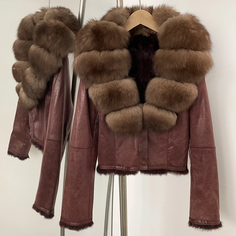 OFTBUY Fashion Short New Autumn Winter Fur Clothing Real Rabbit Fur Liner Suede Jacket Women Natural Fox Fur Collar Coat Female