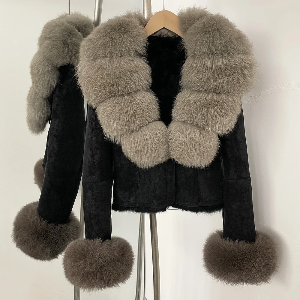 OFTBUY Fashion Short New Autumn Winter Fur Clothing Real Rabbit Fur Liner Suede Jacket Women Natural Fox Fur Collar Coat Female
