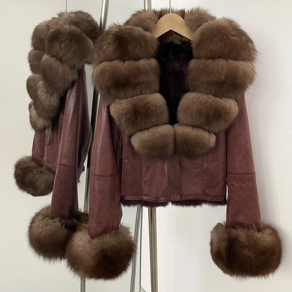 OFTBUY Fashion Short New Autumn Winter Fur Clothing Real Rabbit Fur Liner Suede Jacket Women Natural Fox Fur Collar Coat Female