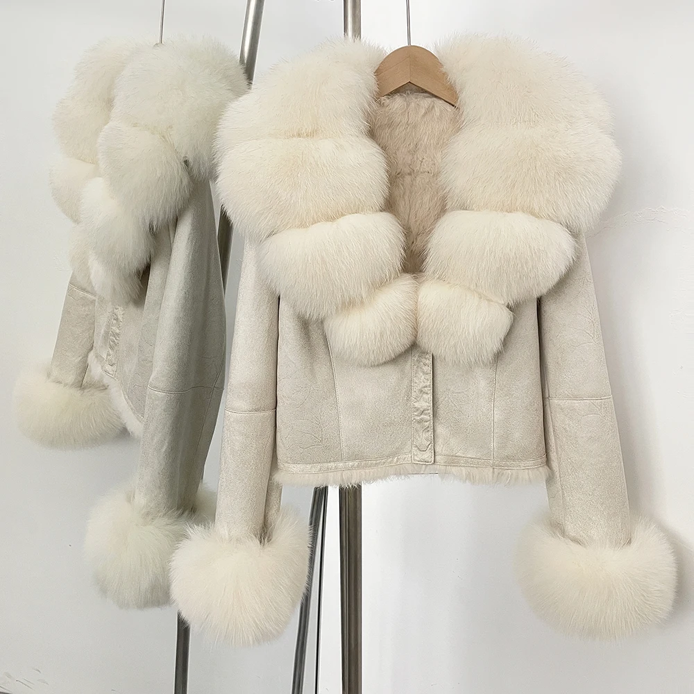 OFTBUY Fashion Short New Autumn Winter Fur Clothing Real Rabbit Fur Liner Suede Jacket Women Natural Fox Fur Collar Coat Female
