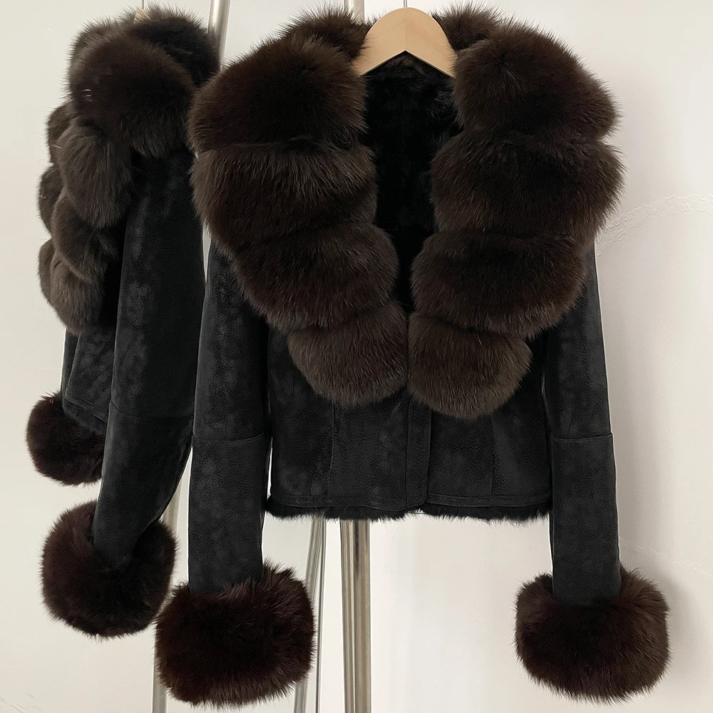 OFTBUY Fashion Short New Autumn Winter Fur Clothing Real Rabbit Fur Liner Suede Jacket Women Natural Fox Fur Collar Coat Female