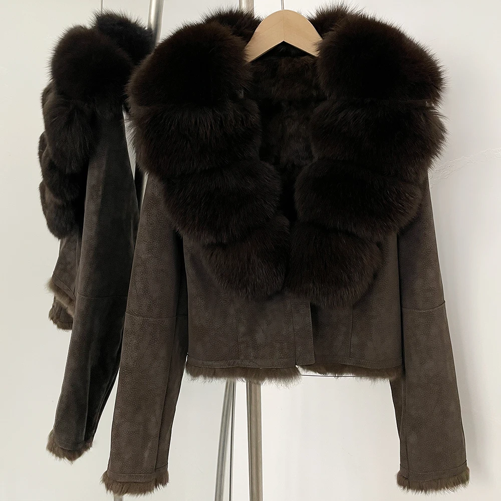 OFTBUY Fashion Short New Autumn Winter Fur Clothing Real Rabbit Fur Liner Suede Jacket Women Natural Fox Fur Collar Coat Female