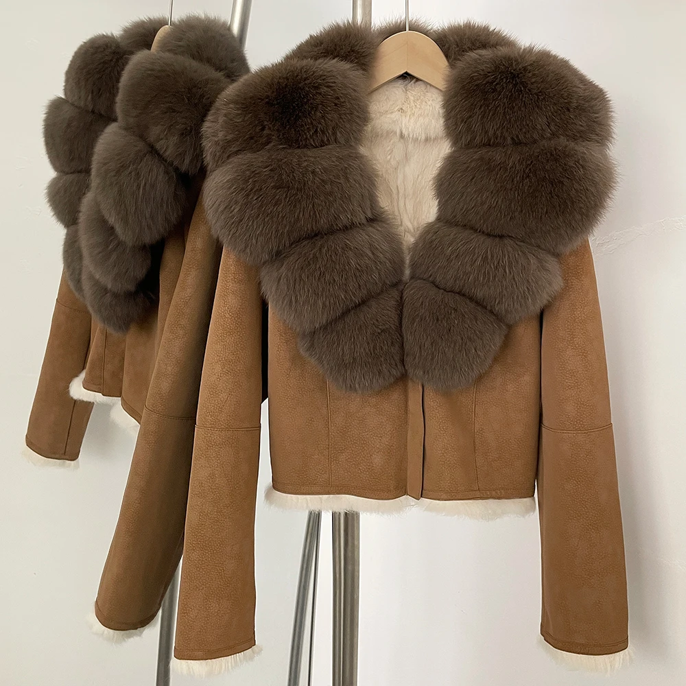 OFTBUY Fashion Short New Autumn Winter Fur Clothing Real Rabbit Fur Liner Suede Jacket Women Natural Fox Fur Collar Coat Female