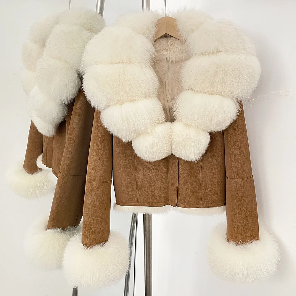OFTBUY Fashion Short New Autumn Winter Fur Clothing Real Rabbit Fur Liner Suede Jacket Women Natural Fox Fur Collar Coat Female
