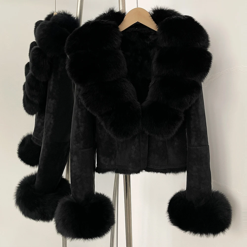OFTBUY Fashion Short New Autumn Winter Fur Clothing Real Rabbit Fur Liner Suede Jacket Women Natural Fox Fur Collar Coat Female
