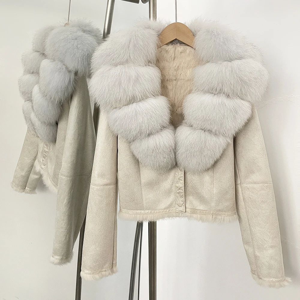 OFTBUY Fashion Short New Autumn Winter Fur Clothing Real Rabbit Fur Liner Suede Jacket Women Natural Fox Fur Collar Coat Female