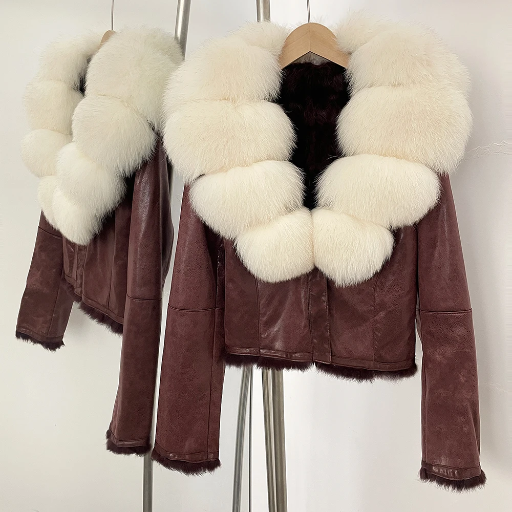 OFTBUY Fashion Short New Autumn Winter Fur Clothing Real Rabbit Fur Liner Suede Jacket Women Natural Fox Fur Collar Coat Female