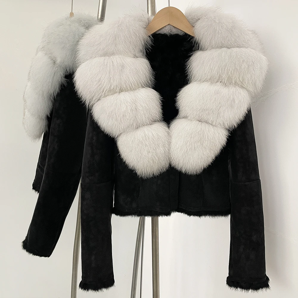 OFTBUY Fashion Short New Autumn Winter Fur Clothing Real Rabbit Fur Liner Suede Jacket Women Natural Fox Fur Collar Coat Female