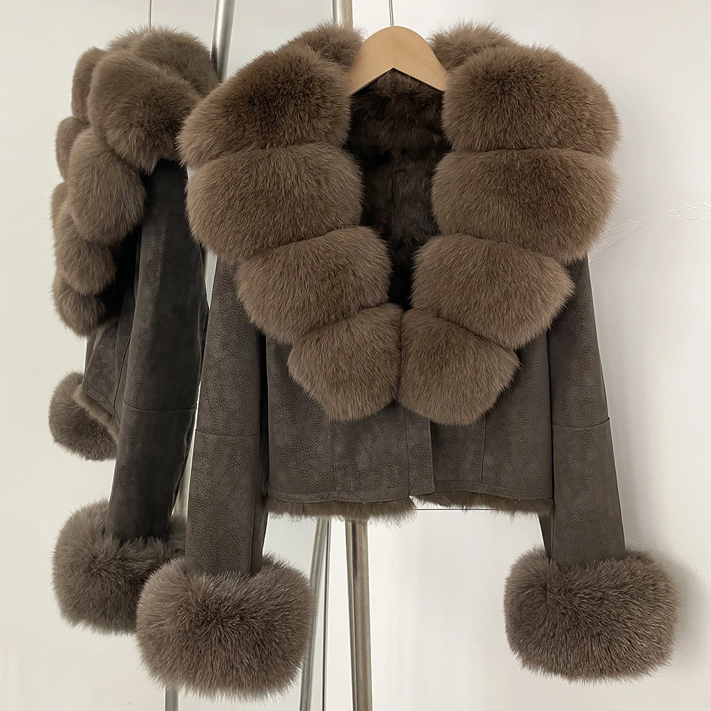 OFTBUY Fashion Short New Autumn Winter Fur Clothing Real Rabbit Fur Liner Suede Jacket Women Natural Fox Fur Collar Coat Female