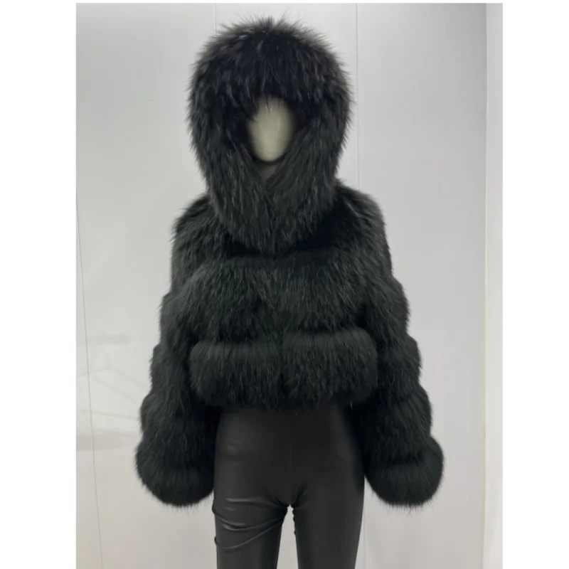 BEIZIRU Women's Short Real Raccoon Fur Coat Winter Long Sleeve Hooded Natural Luxury Thick Jacket for Fashionable Cold Weather
