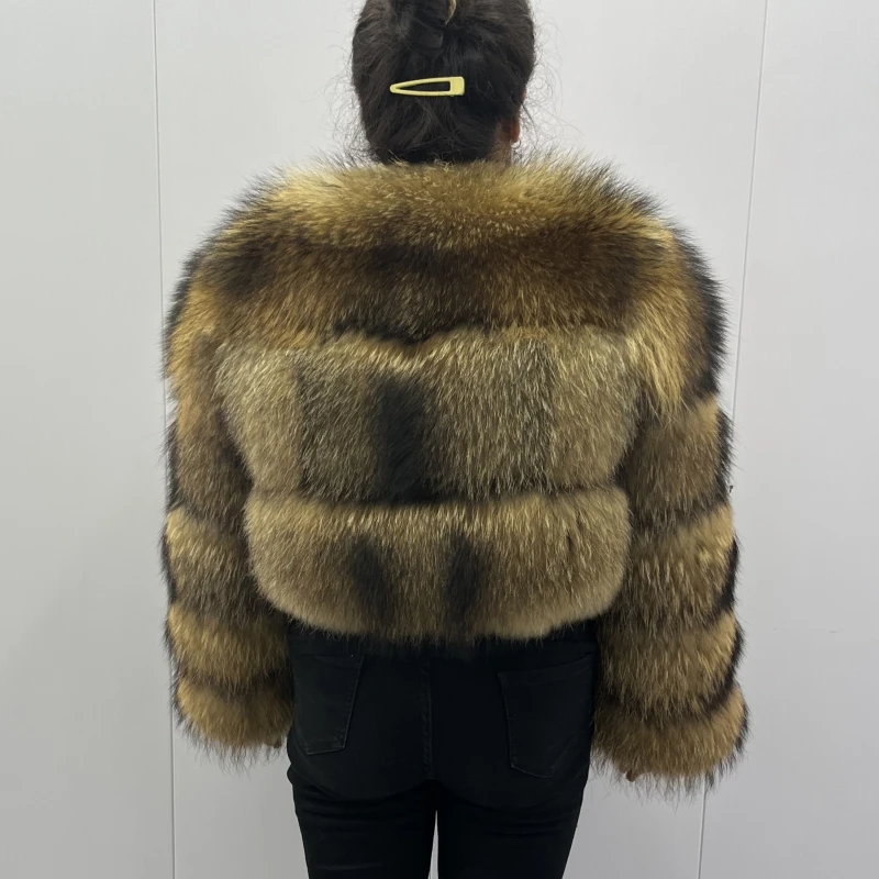 BEIZIRU Women's Short Real Raccoon Fur Coat Winter Long Sleeve Hooded Natural Luxury Thick Jacket for Fashionable Cold Weather