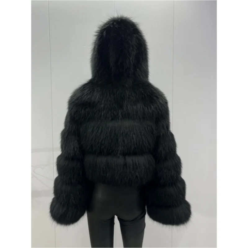 BEIZIRU Women's Short Real Raccoon Fur Coat Winter Long Sleeve Hooded Natural Luxury Thick Jacket for Fashionable Cold Weather