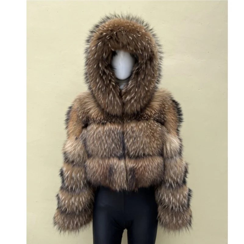 BEIZIRU Women's Short Real Raccoon Fur Coat Winter Long Sleeve Hooded Natural Luxury Thick Jacket for Fashionable Cold Weather