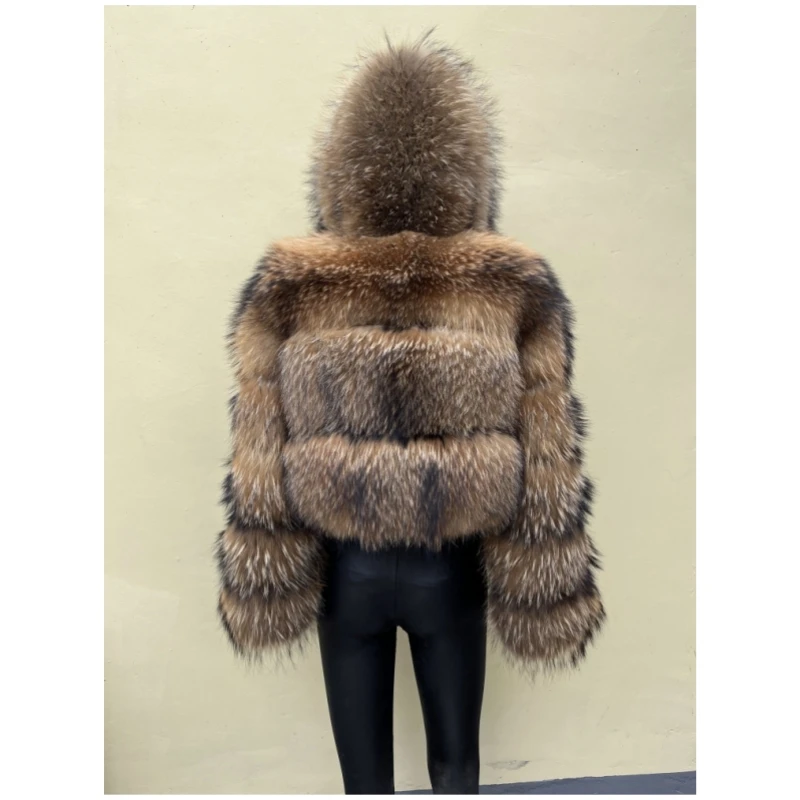 BEIZIRU Women's Short Real Raccoon Fur Coat Winter Long Sleeve Hooded Natural Luxury Thick Jacket for Fashionable Cold Weather