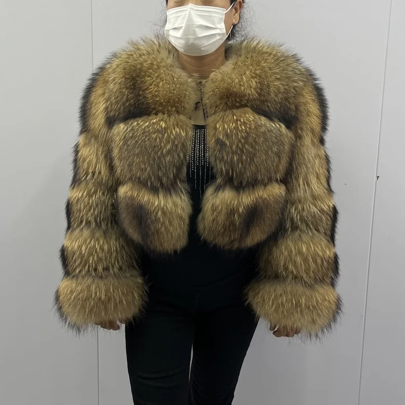BEIZIRU Women's Short Real Raccoon Fur Coat Winter Long Sleeve Hooded Natural Luxury Thick Jacket for Fashionable Cold Weather