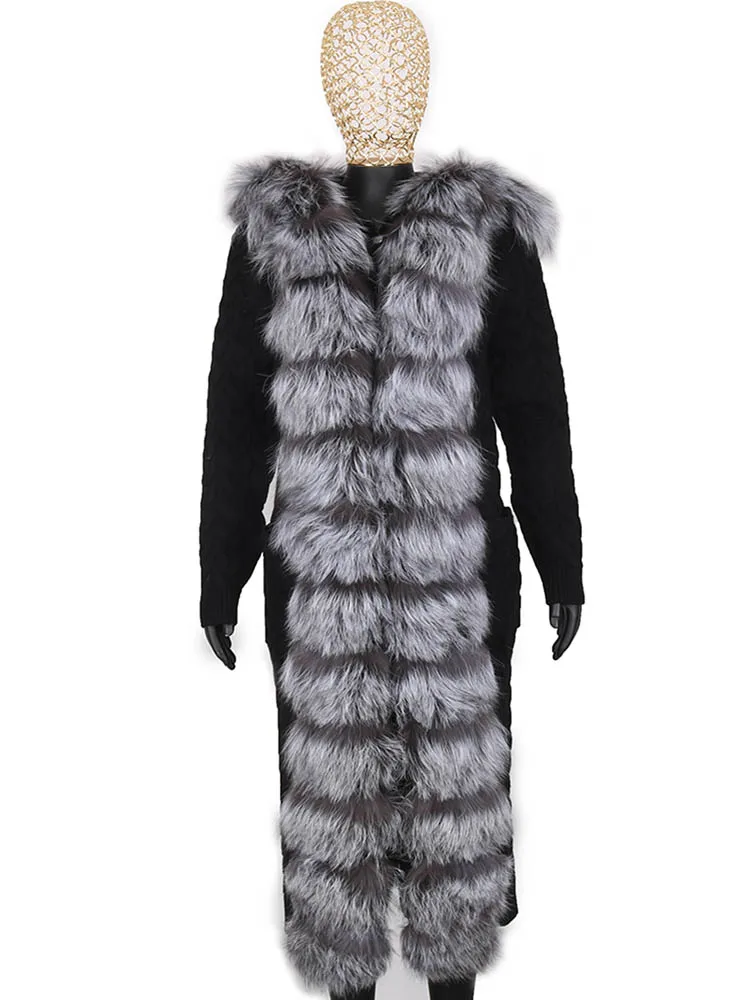 Natural Fox Fur Cardigan Long Women Winter Knitted Sweater With Hood Female