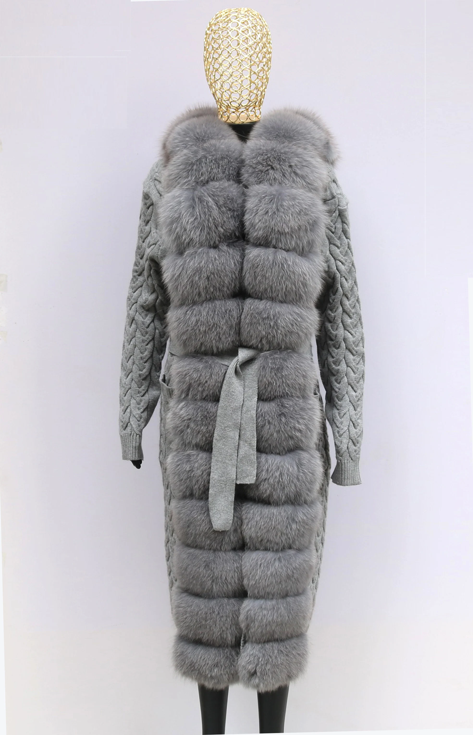 Natural Fox Fur Cardigan Long Women Winter Knitted Sweater With Hood Female