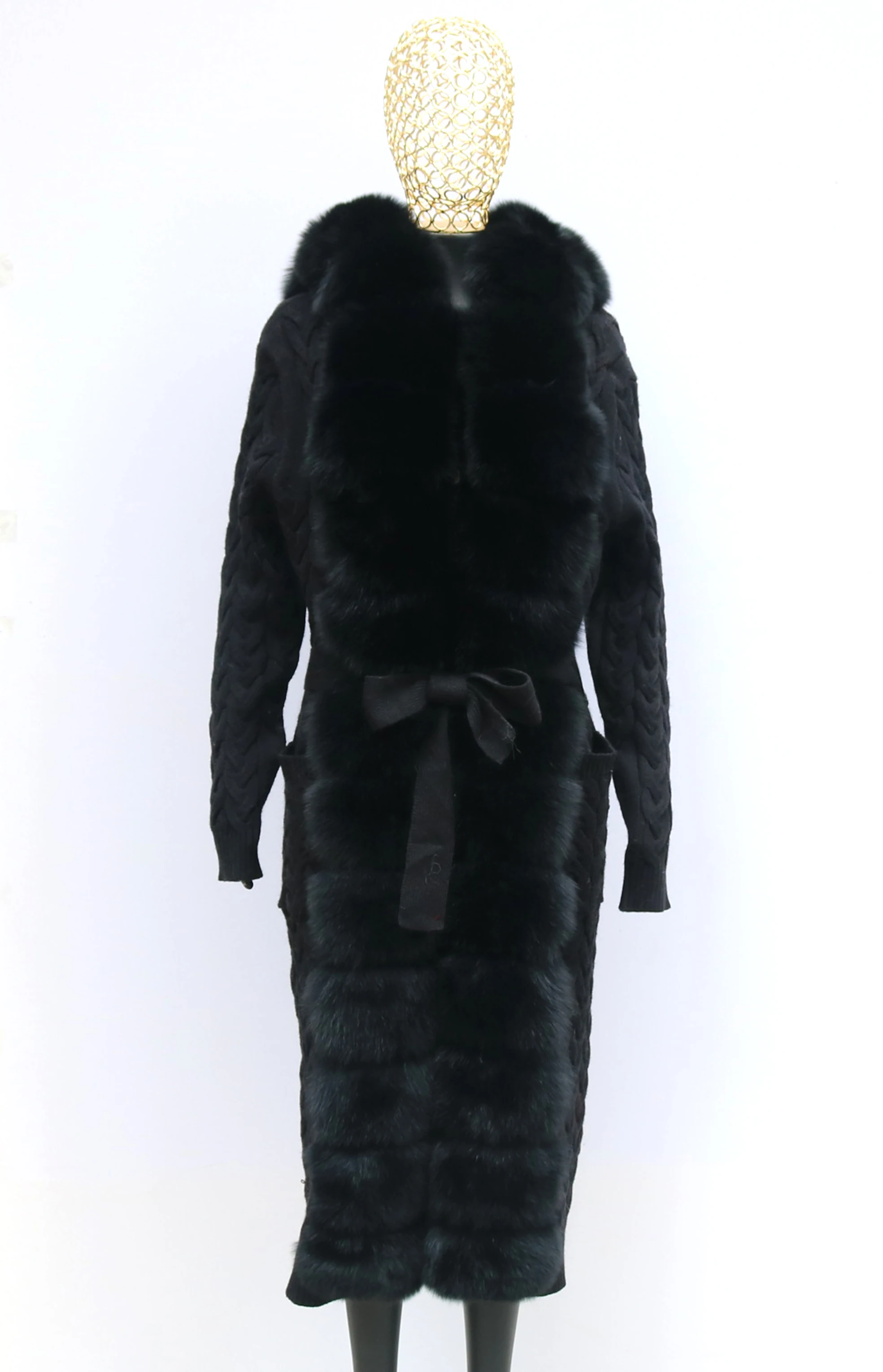 Natural Fox Fur Cardigan Long Women Winter Knitted Sweater With Hood Female