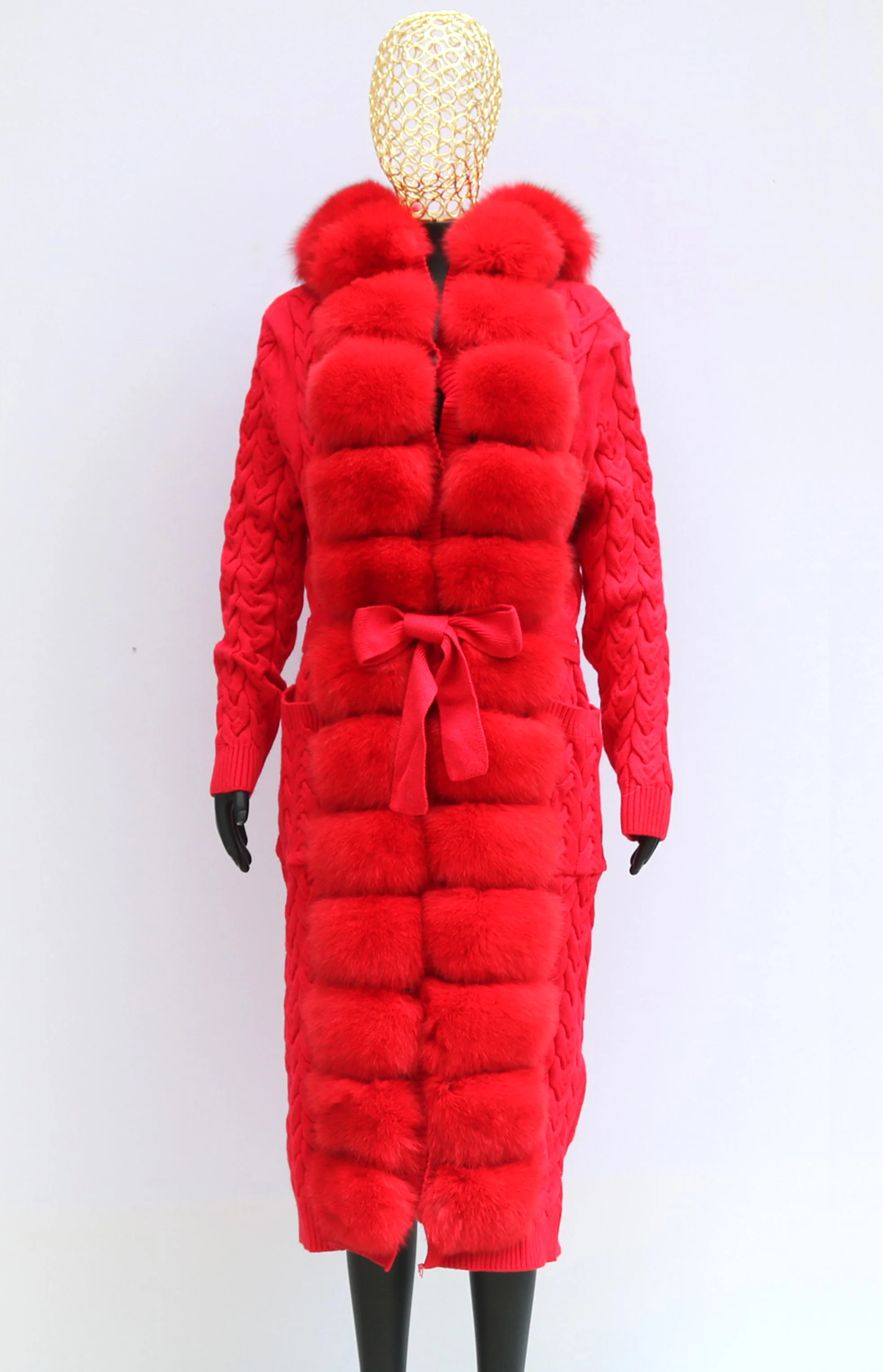 Natural Fox Fur Cardigan Long Women Winter Knitted Sweater With Hood Female