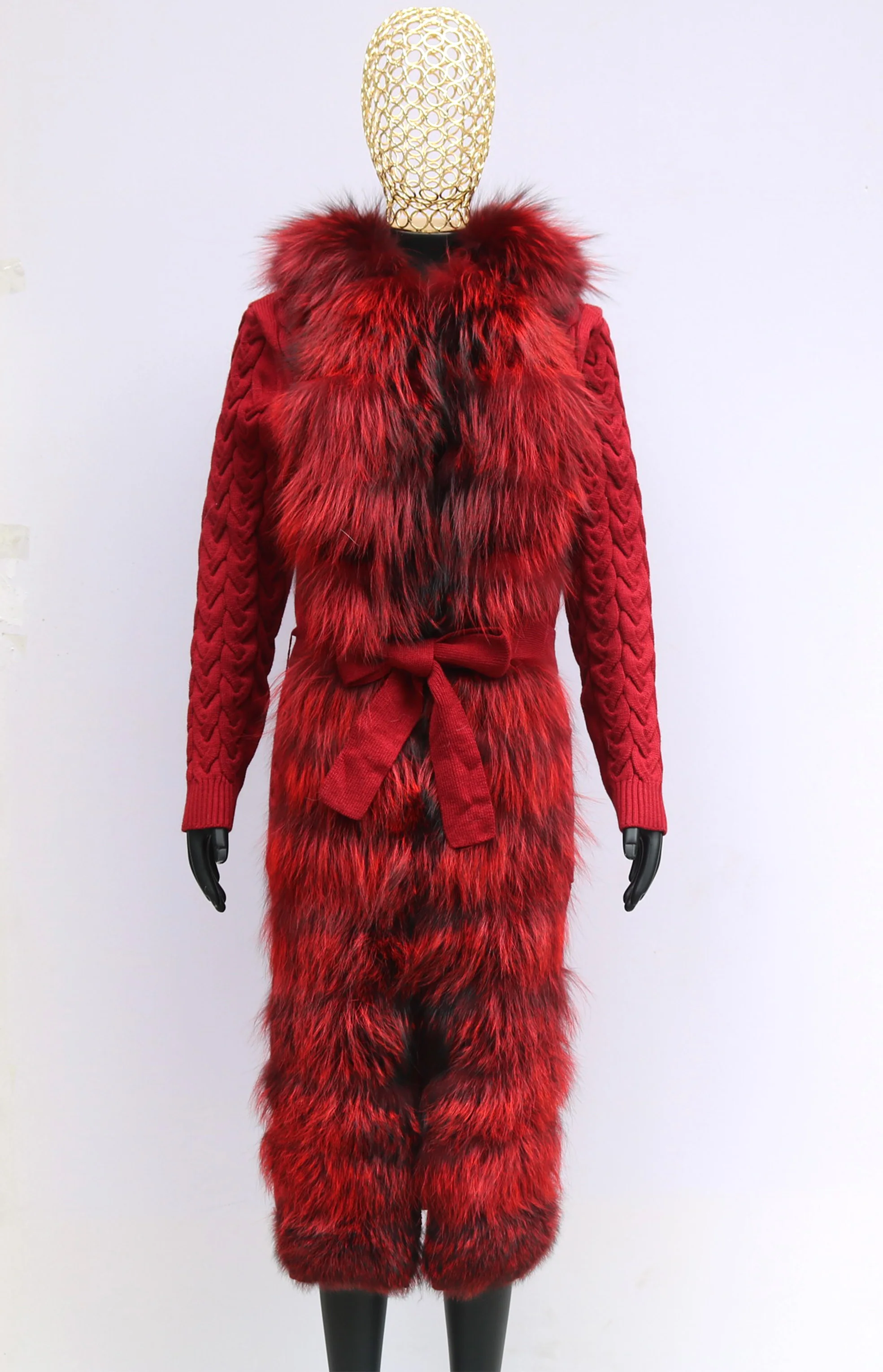 Natural Fox Fur Cardigan Long Women Winter Knitted Sweater With Hood Female