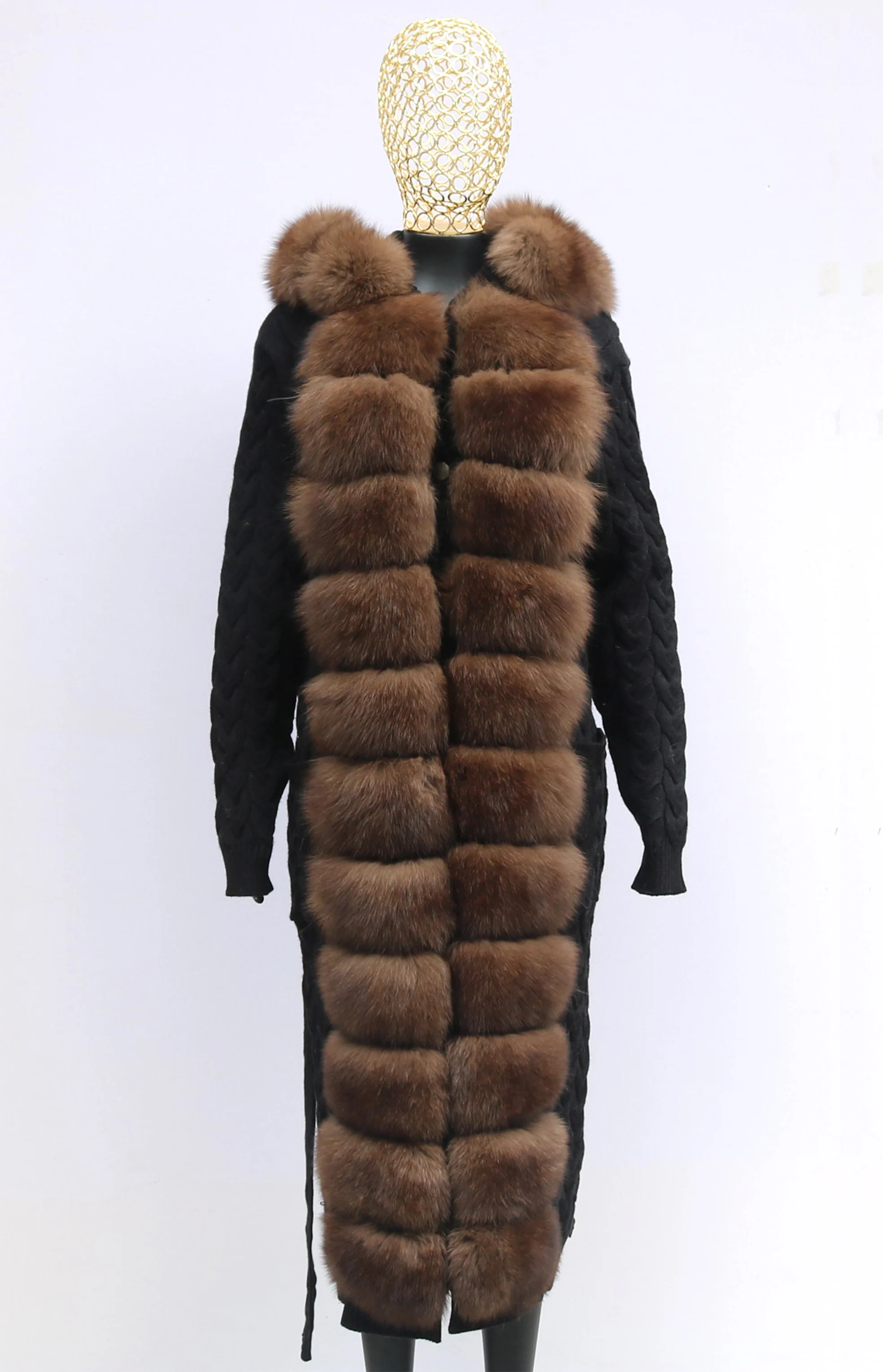 Natural Fox Fur Cardigan Long Women Winter Knitted Sweater With Hood Female