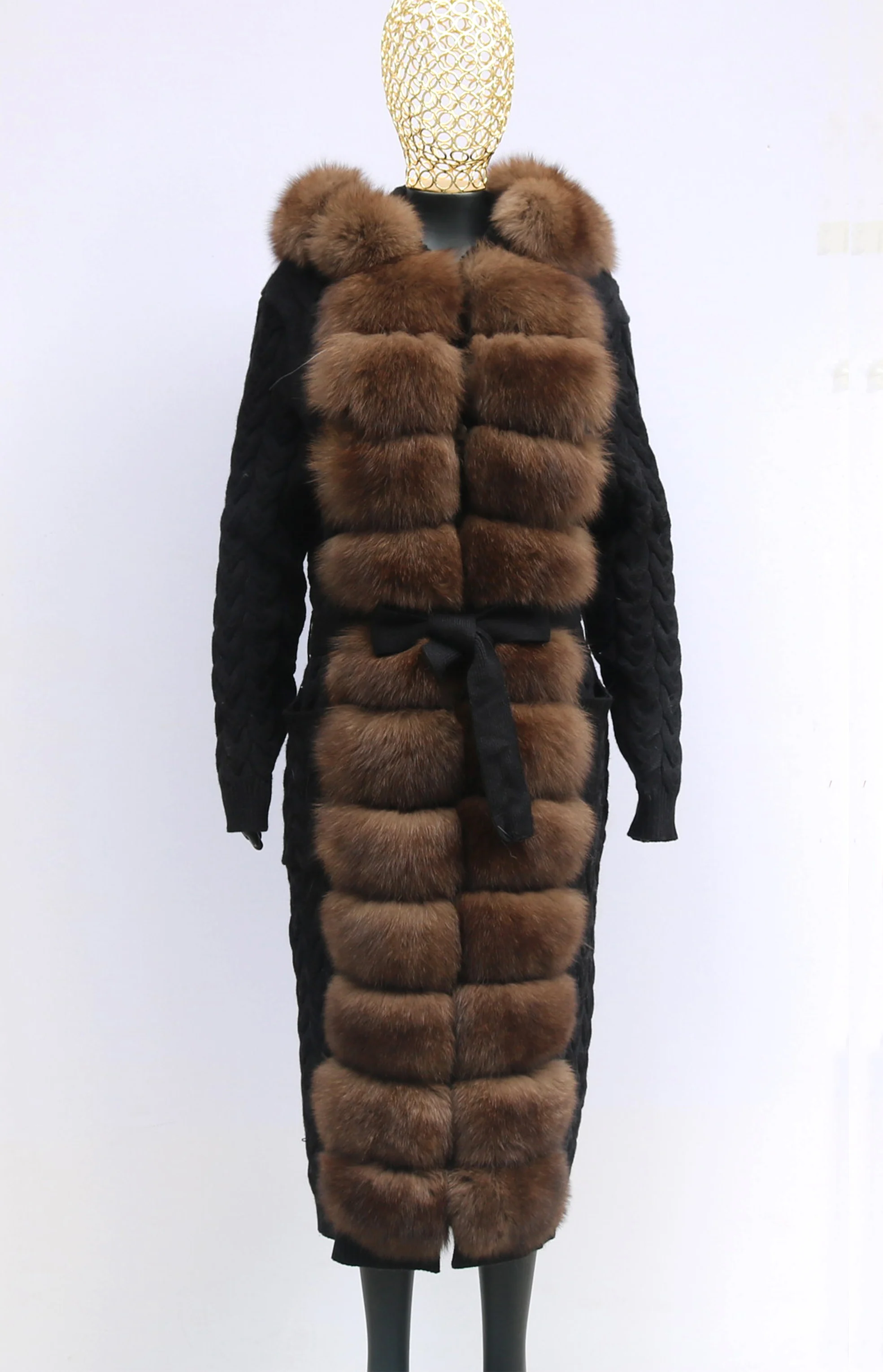 Natural Fox Fur Cardigan Long Women Winter Knitted Sweater With Hood Female