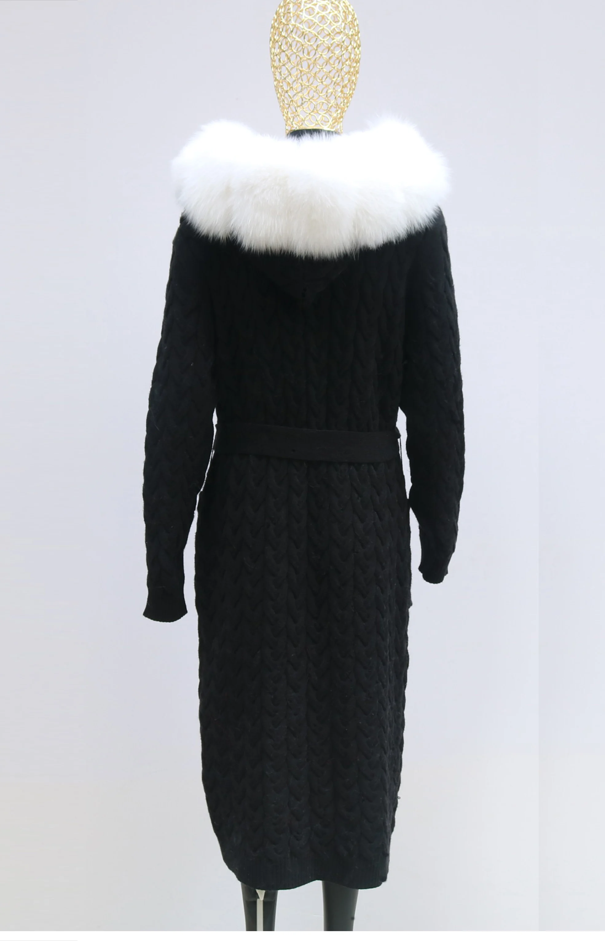 Natural Fox Fur Cardigan Long Women Winter Knitted Sweater With Hood Female