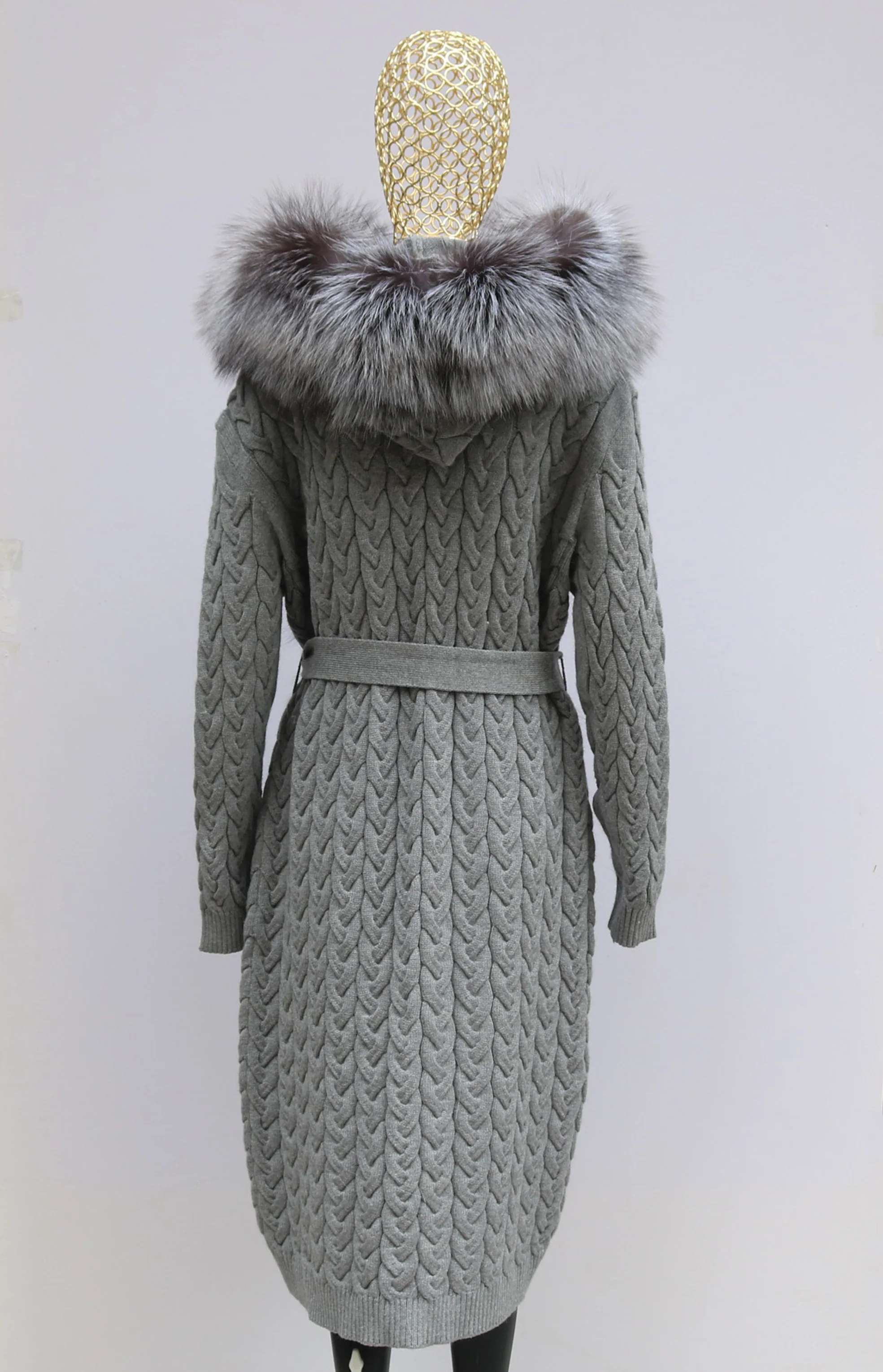 Natural Fox Fur Cardigan Long Women Winter Knitted Sweater With Hood Female