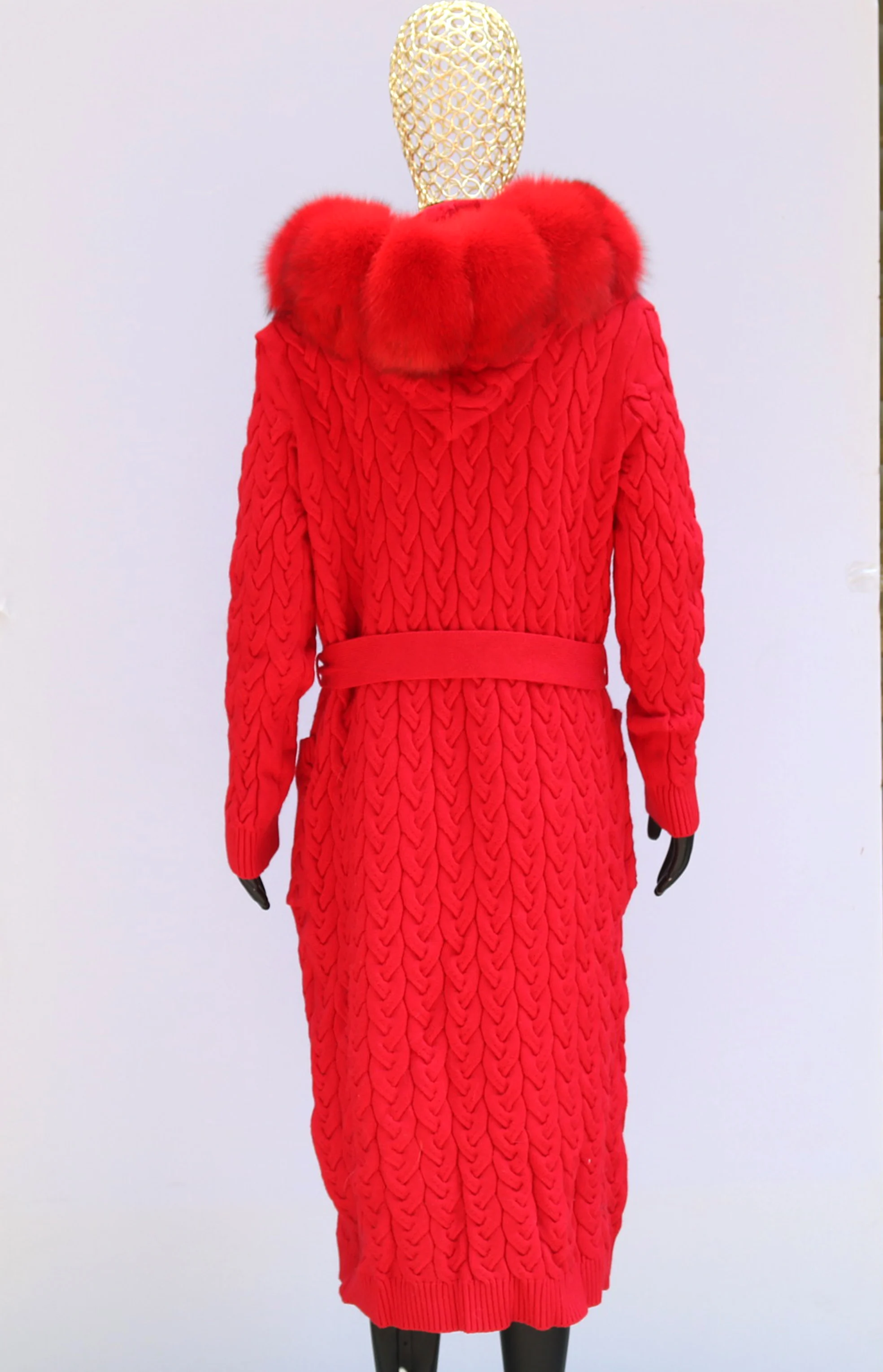 Natural Fox Fur Cardigan Long Women Winter Knitted Sweater With Hood Female