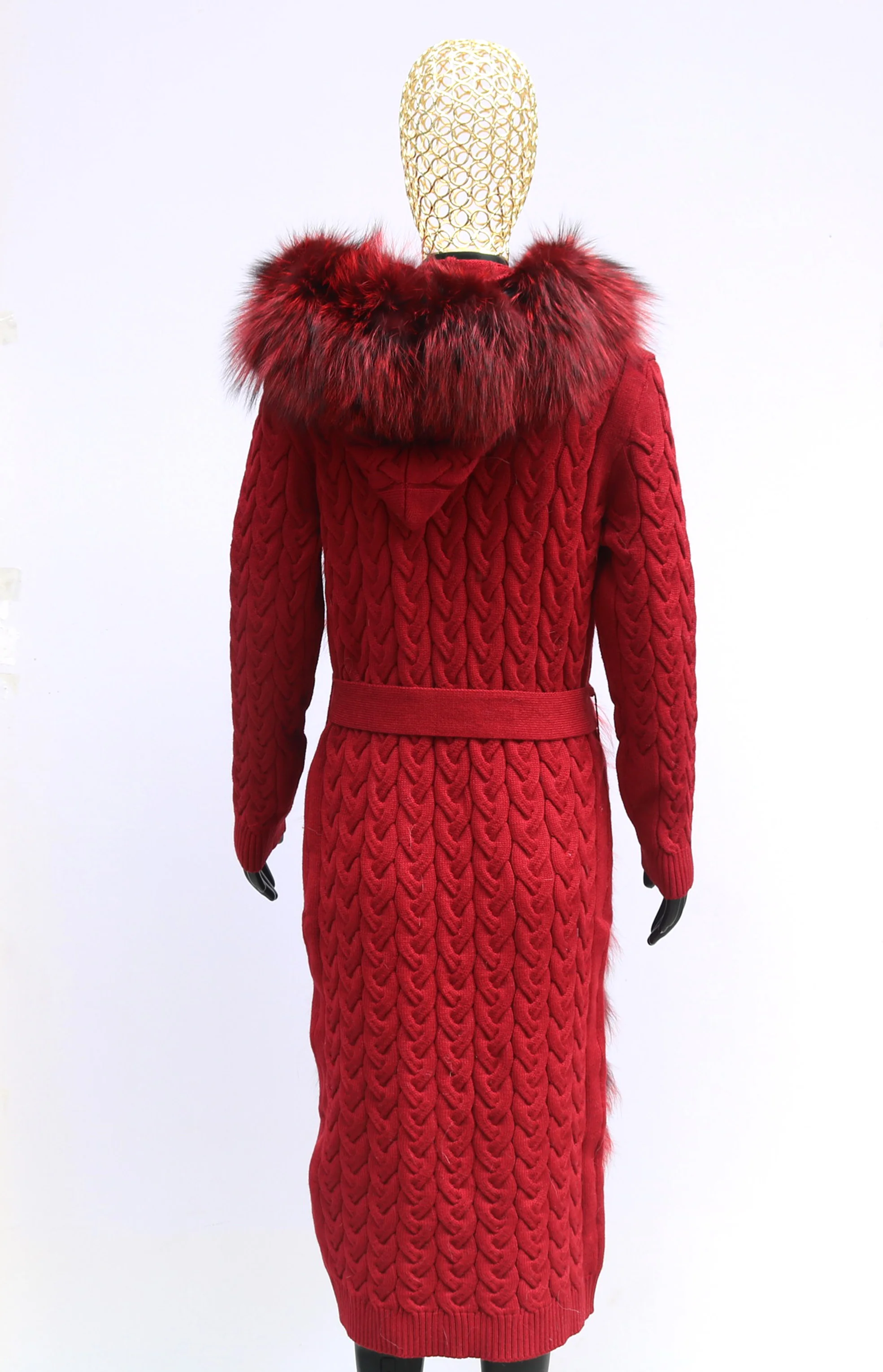 Natural Fox Fur Cardigan Long Women Winter Knitted Sweater With Hood Female