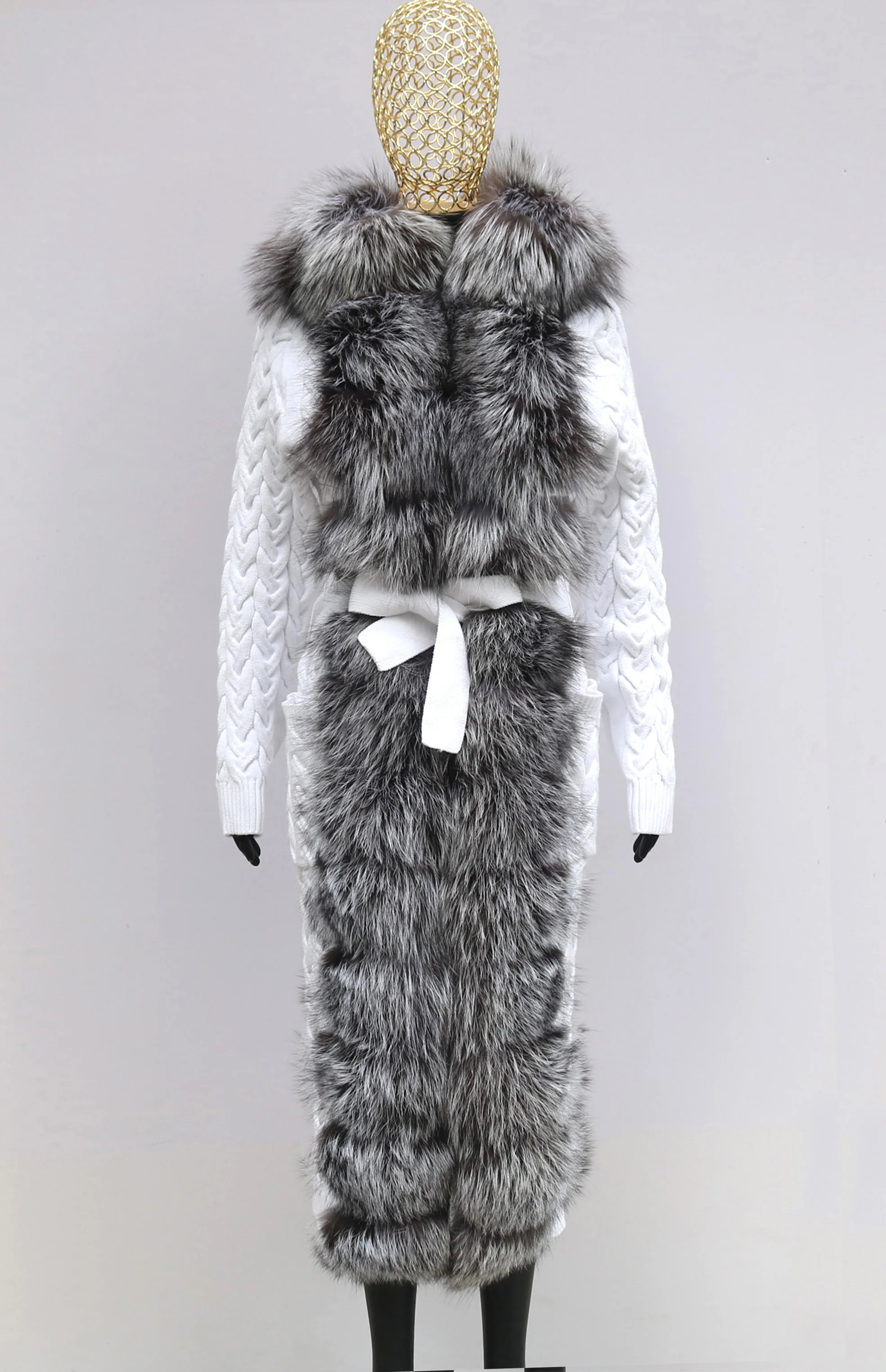 Natural Fox Fur Cardigan Long Women Winter Knitted Sweater With Hood Female